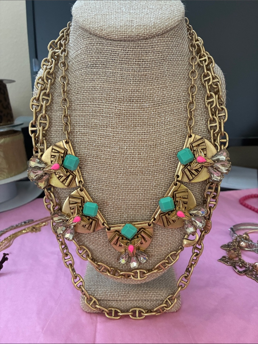 2 piece Stella & Dot Gold Necklace Set with Turquoise and Hot Pink Accents